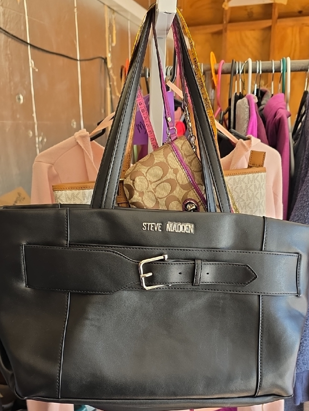 Steve Madden Black Leather Belt-Accent Tote